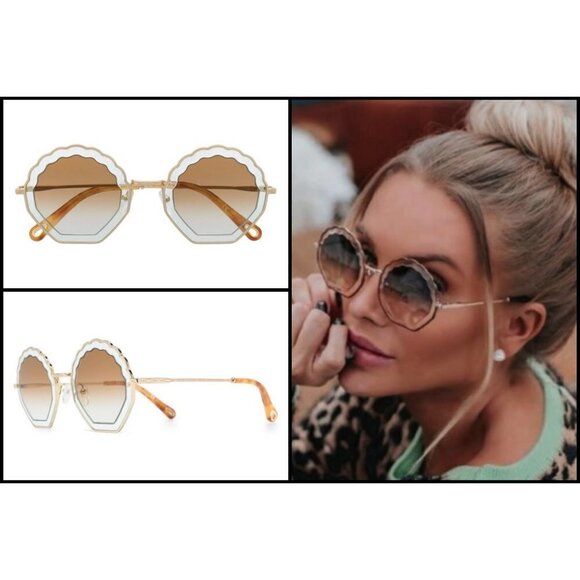 💕CHLOE💕 Tally Scalloped Sunglasses CE147S 834 Gold Brown Lenses New In Box - Picture 2 of 16